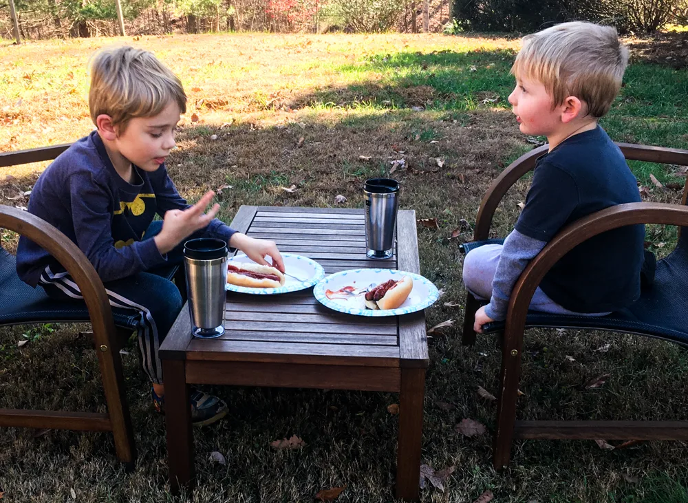 Two boys eating hot dogs seated in back yard.