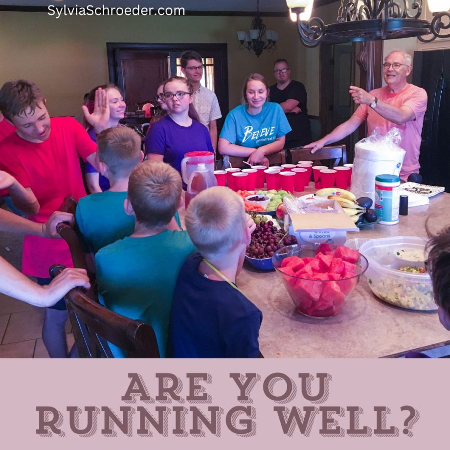 Grandfather, "running well" by interacting with his grandchildren.